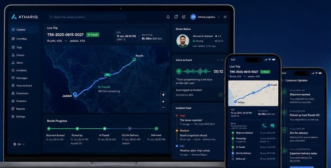 ATHARIQ control room and driver applications showing a live Riyadh to Jeddah trip, route progress, voice-to-event capture and customer updates