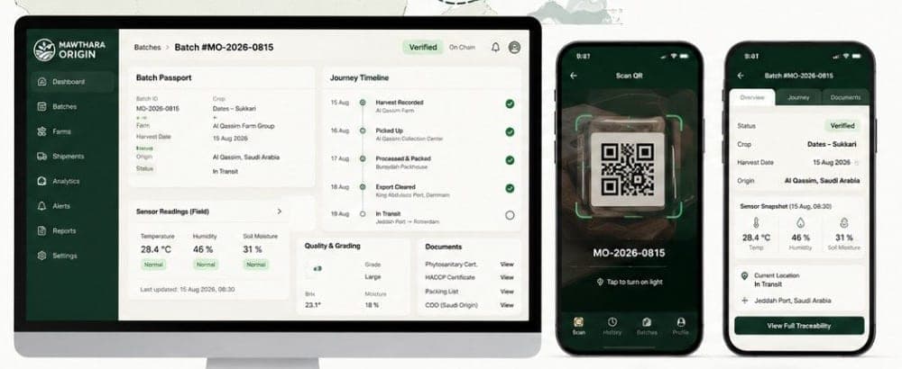 Mawthara Origin batch passport with a journey timeline, field sensor readings and a QR verification screen on mobile